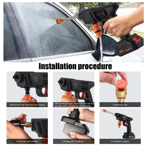 Hidrolavadora inalámbrica lavando el parabrisas de un carro, con los seis pasos de instalación