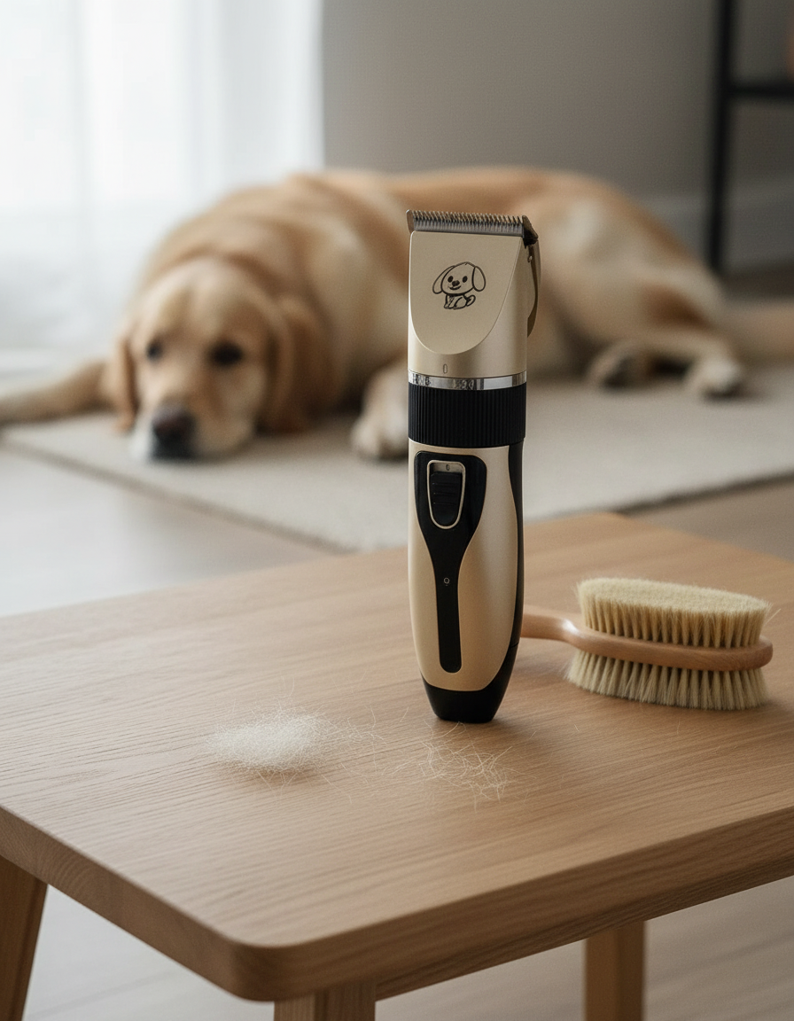 Cortapelo inalámbrico para mascotas sobre una mesa de madera junto al cepillo, con un perro descansando al fondo