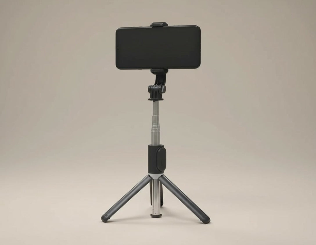 Trípode en órbita lenta que muestra las tres patas, el tubo telescópico y la pinza giratoria