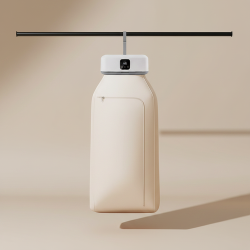 Secadora portátil colgada de un tubo negro: funda beige cerrada y unidad de control blanca con display digital