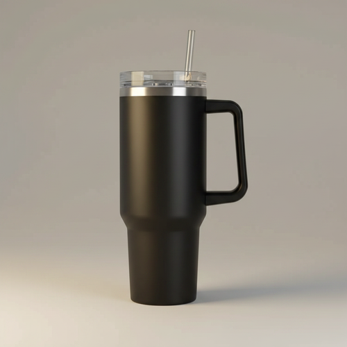 Termo negro mate con asa cuadrada, aro de acero, tapa giratoria y pitillo, sobre fondo neutro